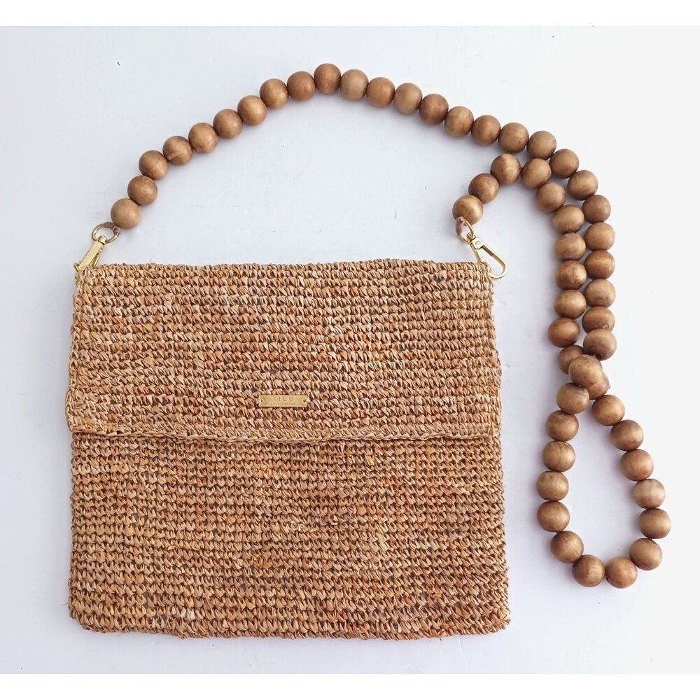 FILO Woven Straw Crossbody Flap Front Round Natural Wood Bead Strap